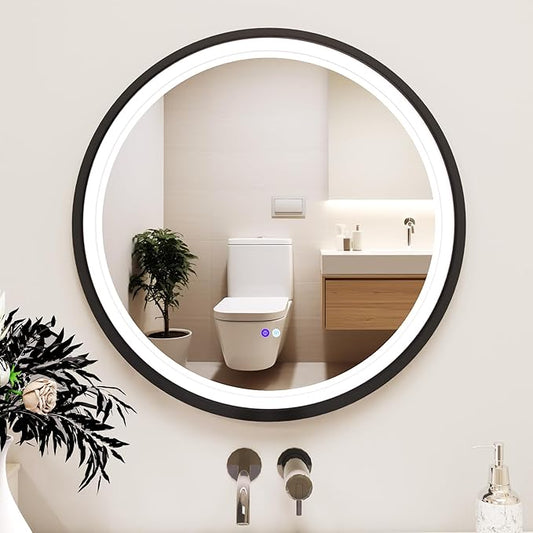 Fab Glass 32 Inch Front Lit LED Circle Vanity Bathroom Mirror, Anti-Fog Dimmable Touch & 3 Color Modes Round Framed LED Mirror 32" L X 32" W Black