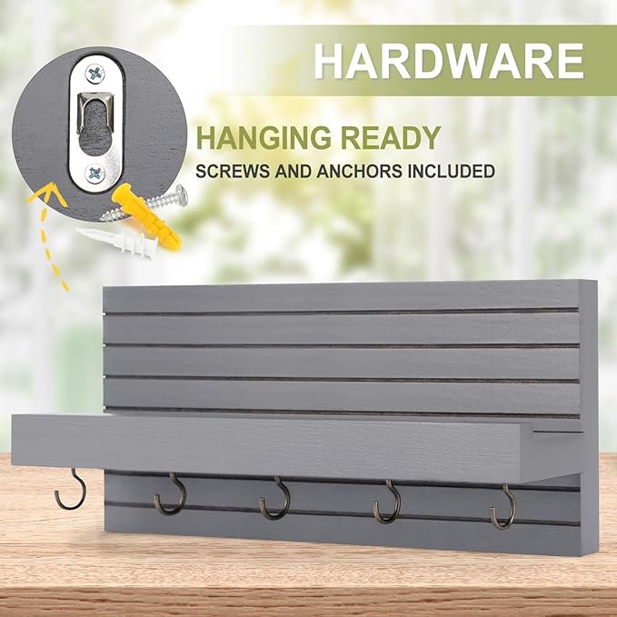 Decorative Key Holder for Wall with Shelf, Entryway Shelf with Hooks Holds Leashes, Jackets and Glasses – Sturdy Wood Keyholder Entrance Hanger with Mounting Hardware (Gray, Medium)