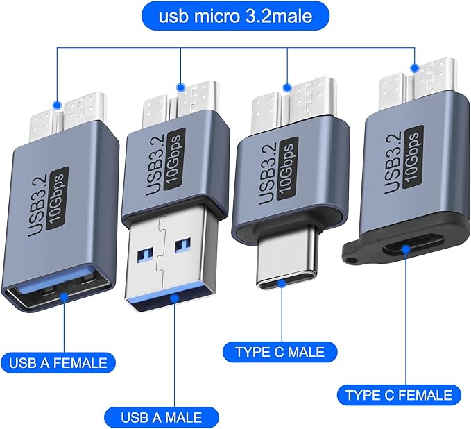 MEIRIYFA USB Micro B to USB A/C Hard Drive Converter 10Gbps USB 3.2 Micro B Male to USB A/Type C Male Female Extension Adapter Support Charge and Data Syncfor for Hard Drives,SSD Drives, Laptop