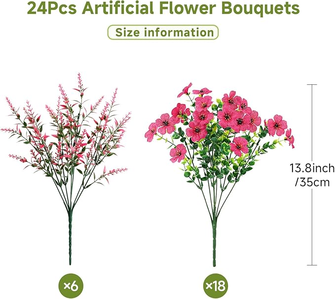 SHareconn 24 Bundles Artificial Flowers for Outdoors Decoration, Faux Plants Fake Silk Colorful Daisy Eucalyptus Lavender, UV Resistant for Outside Home Porch Patio Indoor Spring Decor, Rosered
