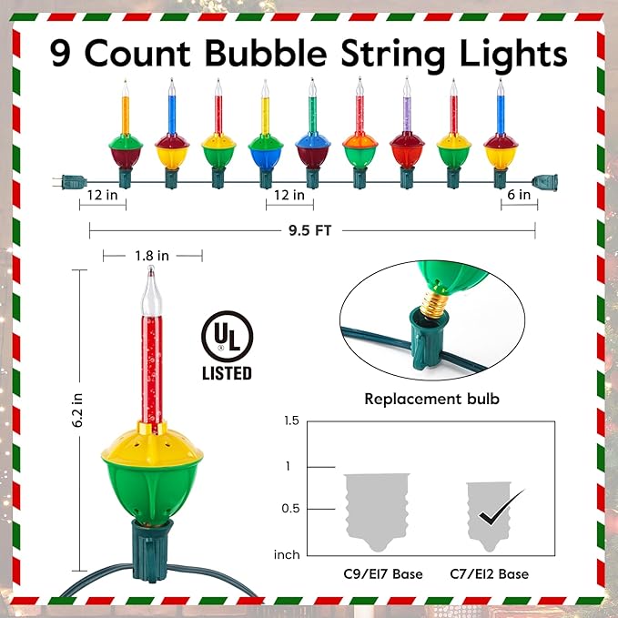 Brightown Bubble String Lights - 6.5ft 9 Counts Christmas Light Bulb, Traditional Multicolor Bubble Lights for Christmas Tree Holiday Celebrations Lighting, 7 Colors
