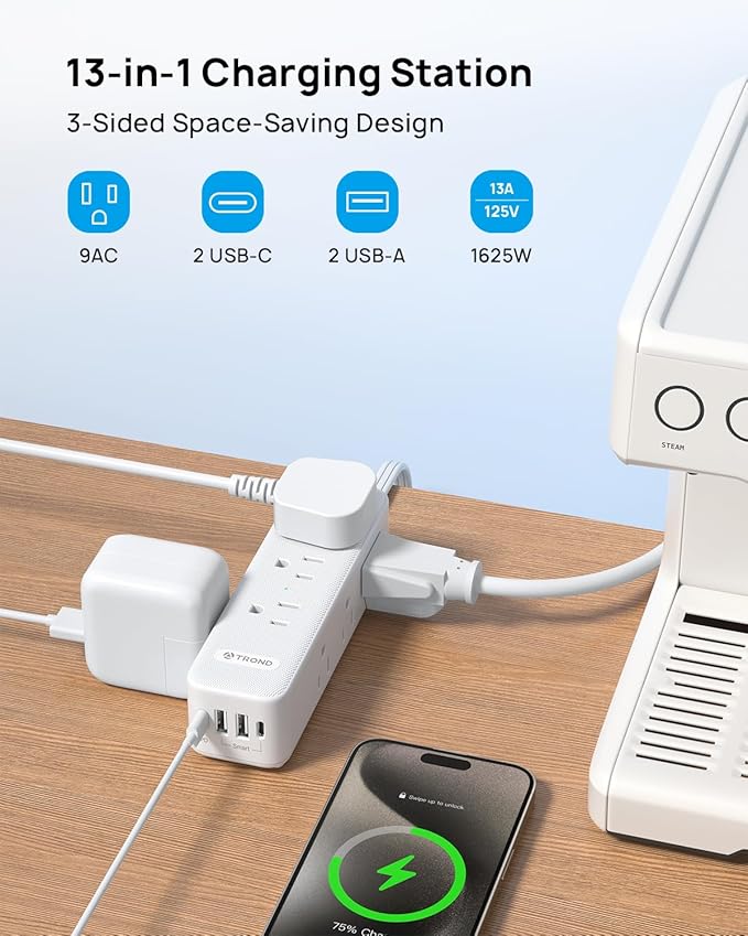TROND Surge Protector Power Strip: 9 Widely Spaced AC Outlets with 20W USB C Charger Power Strip, 15ft Flat Plug Extension Cord, Wall Mount, Desk Charging Station, Hotel Dorm Room Essentials, White