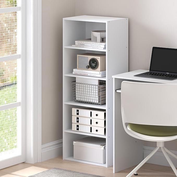 Furinno Basic Book Shelf, 5-Tier Bookshelf, Cube Storage Organizer Bookcase with Open Shelf, 11 x 17 x 44, for Living Room, Bedroom, Home Office, White