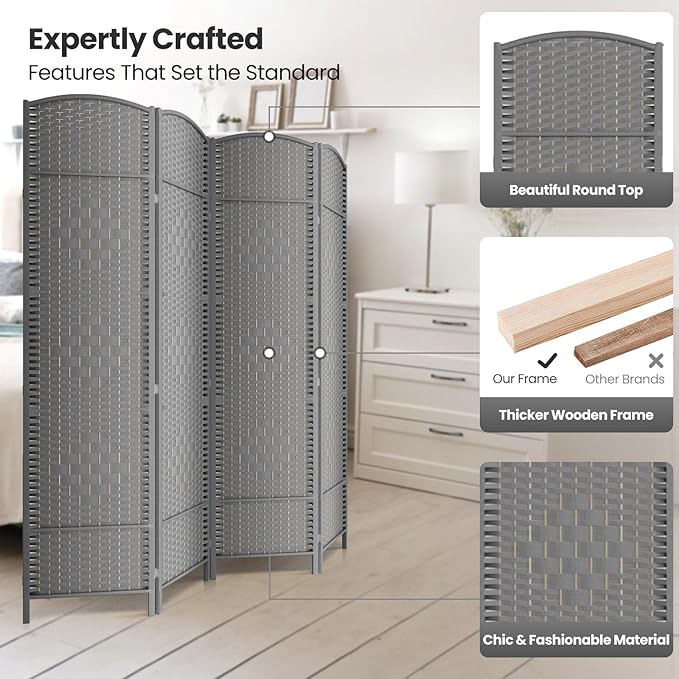 Paper Rope Room Divider, 4 Panel Wood Mesh Woven Design Screen with Double Sides Weaved, Foldable Portable Partition Divider Screen for Decorationg of Bedroom,LivingRoom,Office Separator