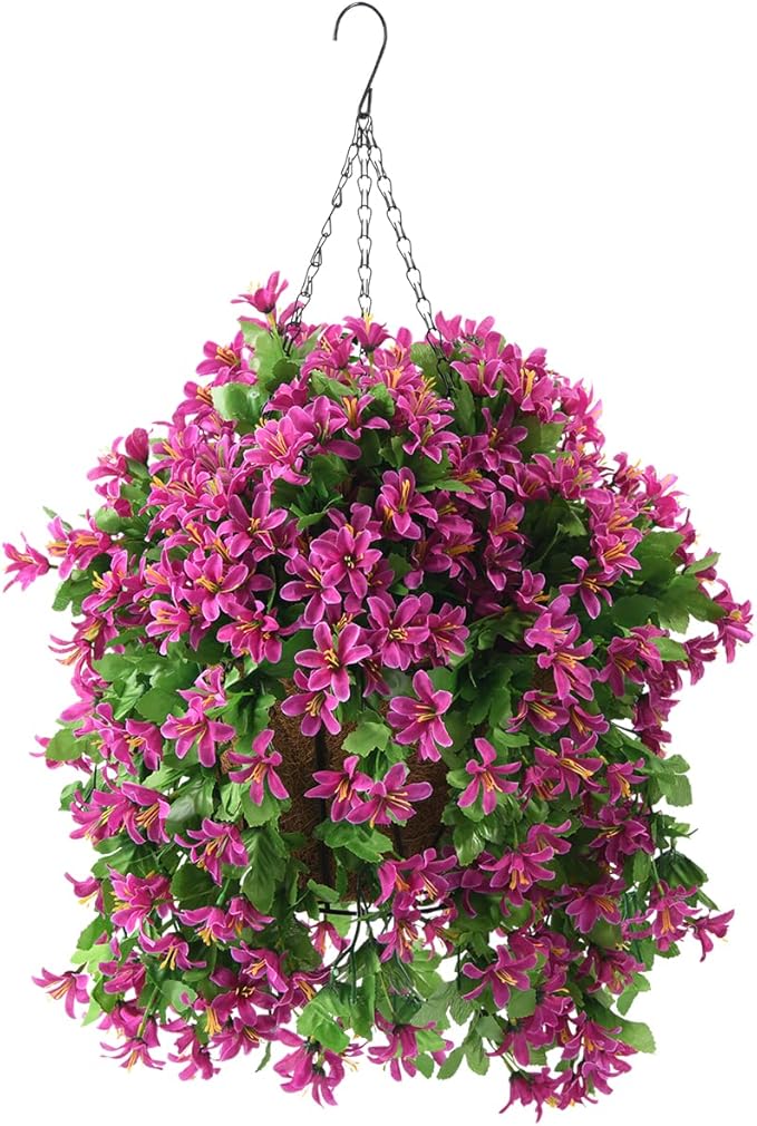 INQCMY Artificial Hanging Flowers in Basket for Summer Outdoor Porch Decoration,UV Resistant Fake Silk Violet in Planter Realistic for Outside Home Patio Balcony Garden Yard Decor