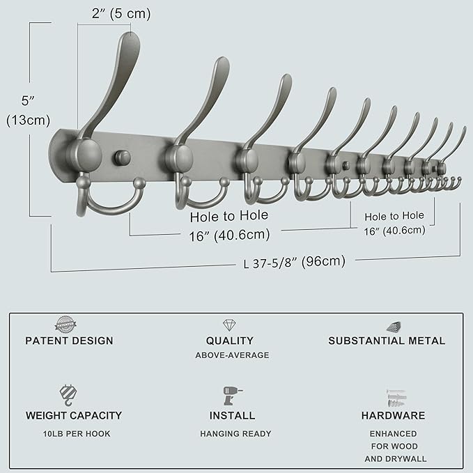 Dseap Coat Rack Wall Mount - 38” Long 10-Tri-Hooks Heavy Duty Coat Hanger Rail Wall Hooks for Hanging Coats Hats Clothing Clothes Purse Mudroom Entryway, Gray