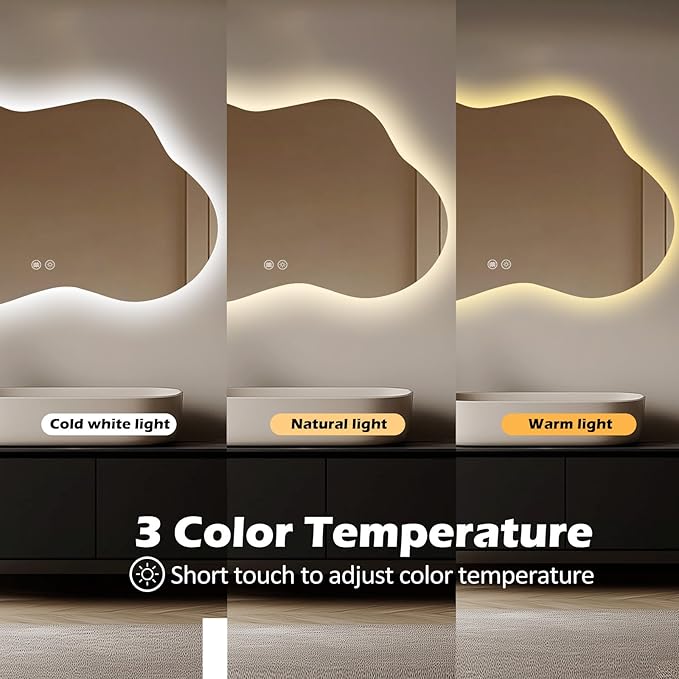 LED Bathroom Mirror with Lights 24x40, Stepless Dimmable Irregular Backlit Mirror with 3 Colors, Anti-Fog, Memory, Al-Alloy Lampshade, Frameless Smart Mirror for Bathroom (Horizontal/Vertical)