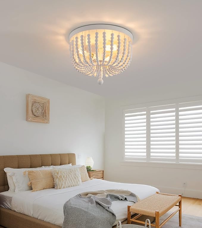 Q&S White Boho Beaded Chandeliers Flush Mount Ceiling Light,3-Lights Small Chandelier Light Fixture for Bedroom,Kitchen,Dining Room,Living Room,Stairway Gazebo