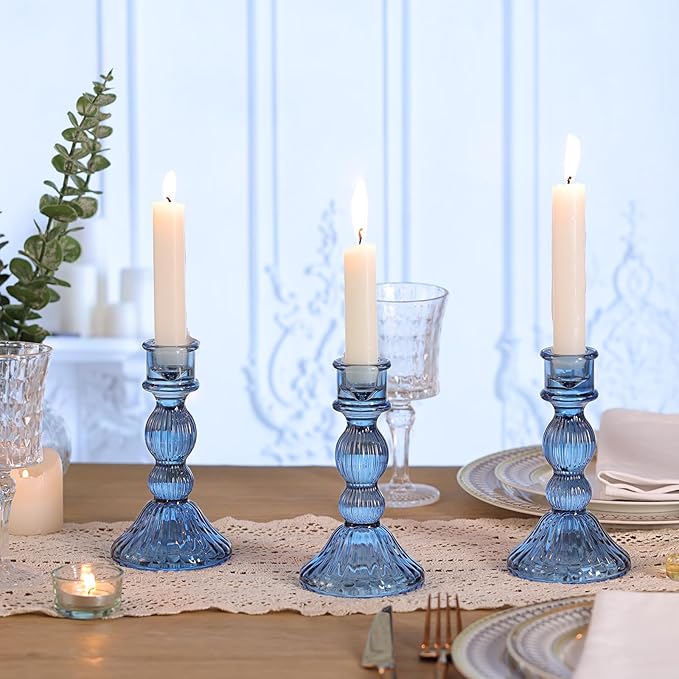 DARJEN Blue Candlestick Holders Set of 4 - Vertical Stripe Glass Candle Holders for Candlesticks and Taper Candles, Taper Candle Holder for Wedding Shower, Party, Dinner Table Decor
