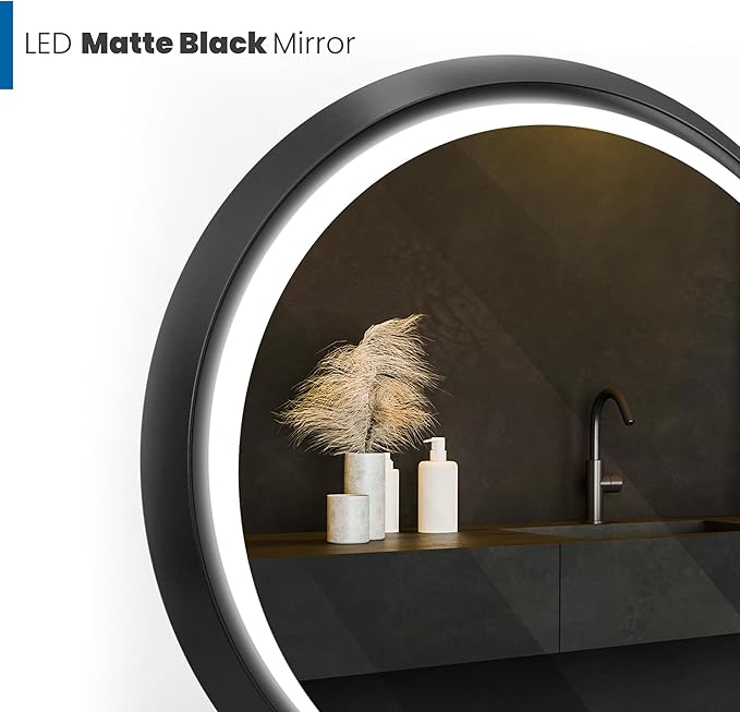 Round LED Bathroom Mirror with Lights, Front Lit Makeup Mirror, Anti-Fog, 3 Colors and Dimmable Light, 36 Inchs Black