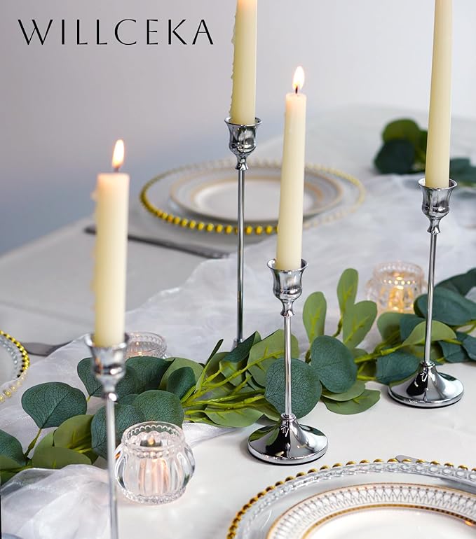 Candlestick Holders Taper Candle Holders, Set of 6 Silver Candle Holder Set, Vintage Table Centerpiece for Wedding Christmas Holiday