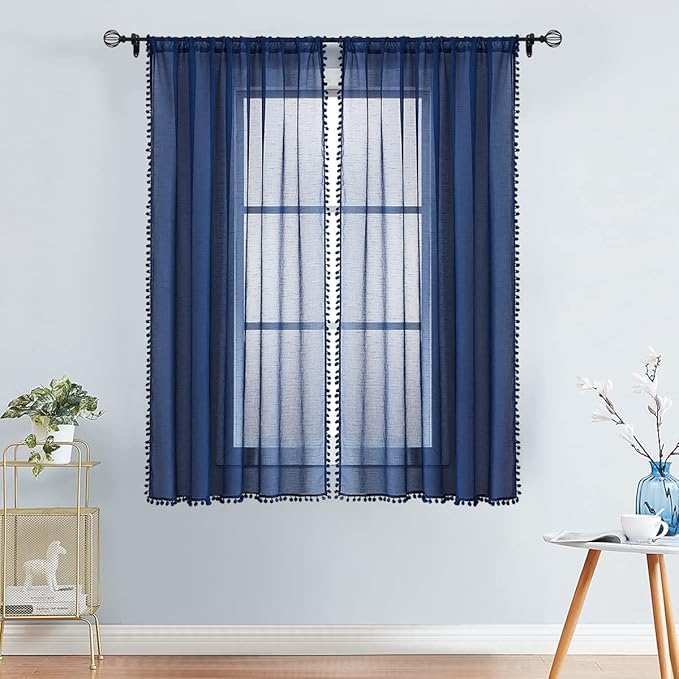 Treatmentex Pom-Pom Blue Sheer Curtains for Bedroom 63" Window Drapes Rod Pocket Textured Sheer Curtain Panels for Boy's Room Navy 52" w 2 pcs