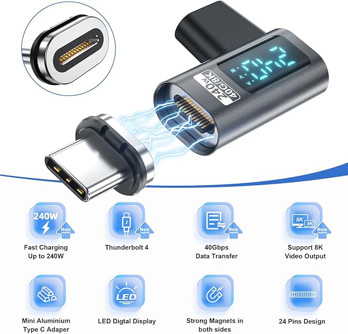 Digital Display USB C Magnetic Adapter Right Angle PD240W 24Pin(2 Pack)Voltage Current Power LED Display, Type C Power Meter Tester 90 Degree USBC 4 40Gbps 8K 60Hz for Thunderbolt 3/4, MacBook Pro/Air