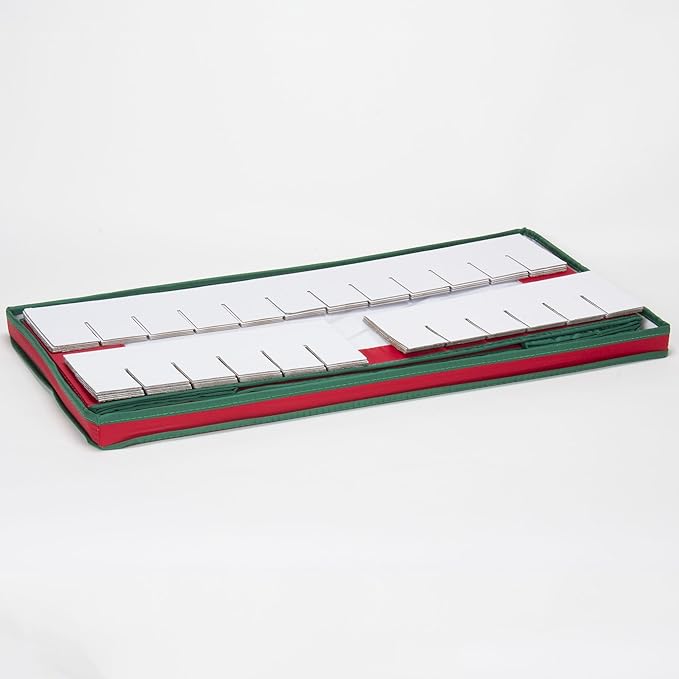 Household Essentials Ornament Storage Box, 36 Piece with Dividers, Sturdy and Stackable with Handles and Clear Plastic Window, Red Polyester Linen with Green Trim
