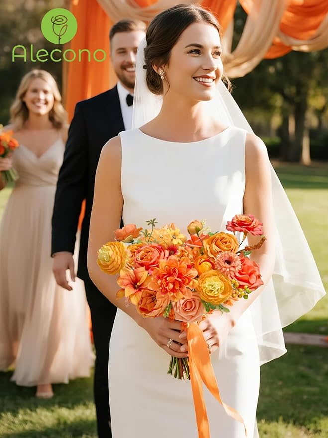 Alecono Artificial Flowers, Bright Orange Silk Fake Flowers for DIY Fall Wedding Bridal Bouquets, Cake Flowers for Table Centerpieces Birthday Party Home Decorations