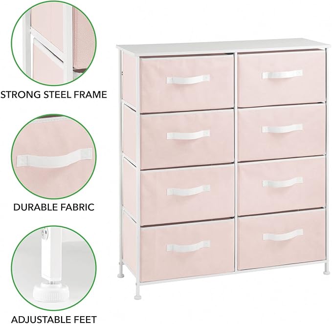 mDesign 38.31" High Steel Frame/Wood Top Storage Dresser Furniture, 8 Fabric Drawers, Large Bureau Organizer for Baby, Kid, Teen Bedroom, Nursery, Playroom, Dorm, Jane Collection, Pink/White