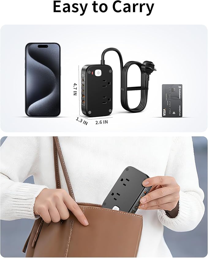 Portable Travel Power Strip 7-in-1 with PD20W Fast Charging 5 USB Ports 2500W AC Outlets 5FT Flat Plug Extension Cord for Home Office Travel