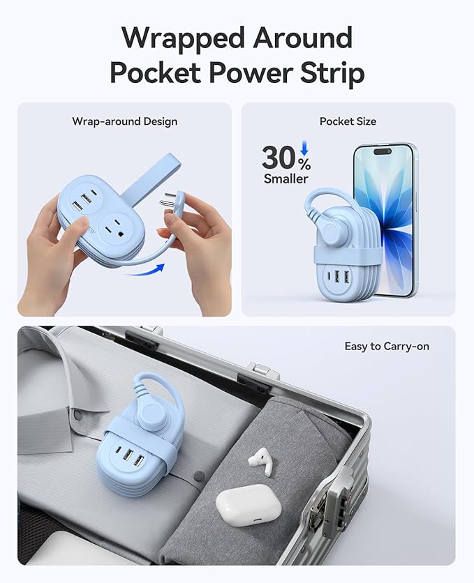 ORICO Pocket Power Strip for Travel, 5 in 1 Extension Cord with 2 AC Outlets 2 USB-A and 1 USB-C Ports, 3.7 ft Flat Plug Wrapped Around Power Strip for Cruise Office, Hotel, Home- AP3