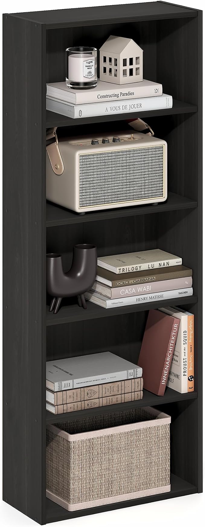 Furinno Basic Book Shelf, 5-Tier Bookshelf, Cube Storage Organizer Bookcase with Open Shelf, 7 x 17 x 44, for Living Room, Bedroom, Home Office, Espresso