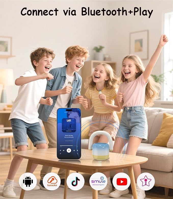 EWA Portable Mini Metal Karaoke Machine, Bluetooth Karaoke Speaker with 2 Wireless Microphones, Ideal Gifts for Girls Boys Family Home Party Birthday Christmas Toys Gifts-(Blue)