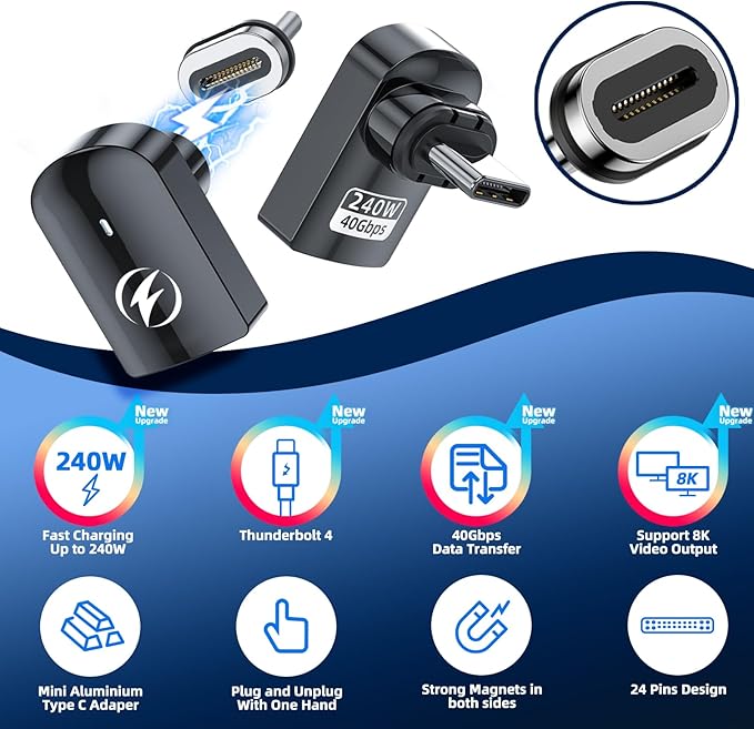 USB C Magnetic Adapter 240W (2 Pack) Right Angle Magnetic USB C Adapter 24 Pins with USBC 4 40Gbps 8K 60Hz for Thunderbolt 3/4, MacBook Pro/Air, Swtich and More Type C Devices