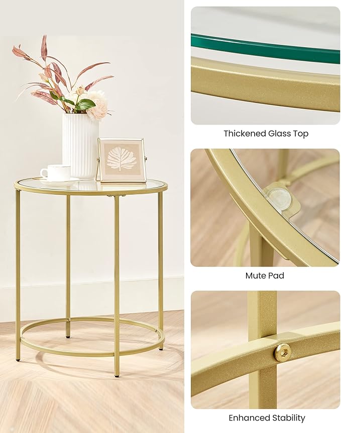 VASAGLE Round Side Tables, Set of 2, Glass End Tables with Metal Frame, Gold Coffee Tables with Modern Style, for Living Room, Balcony, Bedroom, Gold Color
