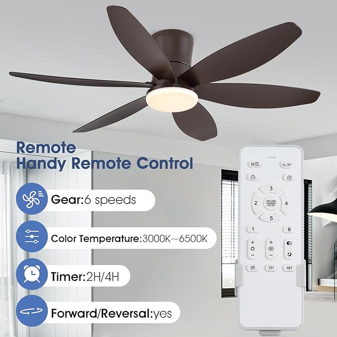 48In Ceiling Fans with Light and Remote/APP Control, 6-Blade Reversible Motor Ceiling Fan, 3-Color Dimmable Lighting, All-Brown Finish