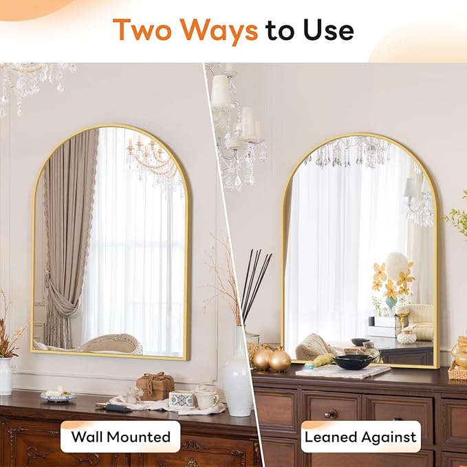 Sweetcrispy Arched Bathroom Mirror 30x20.5 Inch Gold Metal Framed Arch Vanity Mirror for Wall, Over Sink, Farmhouse, Restroom, Anti-Rust, Modern Decorative, Hanging or Leaning