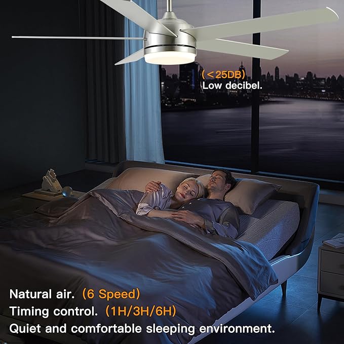 YUHAO 60 Inch Brushed Nickel Ceiling Fan with Light and Remote Control.Noiseless,Dimmable,3CCT,6 Speeds Reversible, DC Ceiling Fans for Indoor or Covered Outdoor