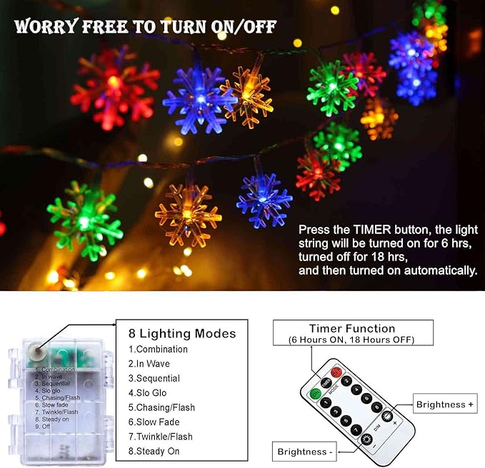 Christmas Lights Multicolor, 20 FT 40 LED Multi Colored Snowflake String Lights, Battery Operated 8 Modes Colorful Holiday Hanging Lights, Bedroom Room Xmas Tree Decor Indoor Outdoor Decorations