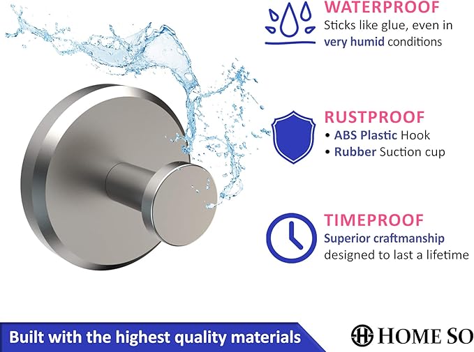 HOME SO Suction Cup Hooks for Shower, Bathroom, Kitchen, Glass Door, Mirror, Tile – Loofah, Towel, Coat, Bath Robe for Hanging up to 15 lbs – Polished Matte Chrome, Brushed Nickel (2-pack)