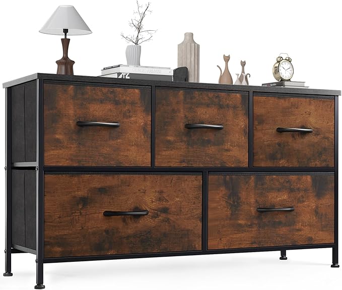 OLIXIS Dresser for Bedroom, 5 Storage Fabric Drawers, Metal Frame and Wooden Top, Tall Storage Drawer Dresser for Closet with Easy Pull Handles for Living Room, Entryway, Small Space
