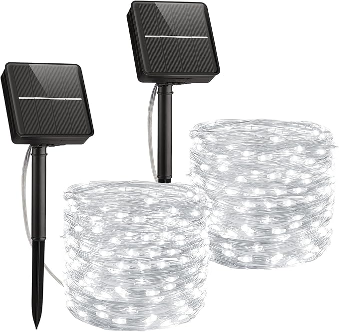 Minetom Solar String Lights, 2 Packs Total 66Ft 200 LED Solar Fairy Lights, Waterproof Solar Lights for Outside Patio Yard Tree Wedding Christmas, Pure White
