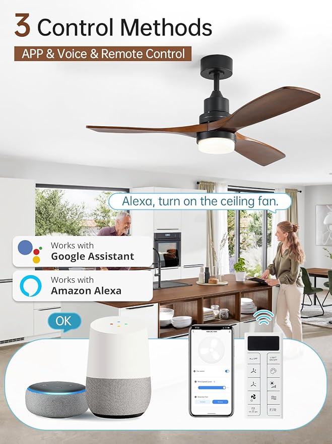 Sofucor 52 Inch Smart Ceiling Fans with Lights and Alexa/Google Assistant/APP/Remote Control-Modern Solid Wood Outdoor Walnut 3 Blades Ceiling Fan for Bedroom Living Room Farmhouse Patio, Brown Black