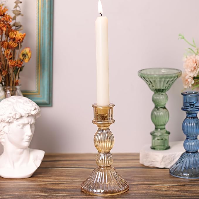 DARJEN 2 Pcs Gold Candlestick Holders - Vertical Stripe Glass Candle Holders for Taper and Votive Candles, Taper Candle Holder for Party, Wedding, Home Table Centerpieces & Gifts
