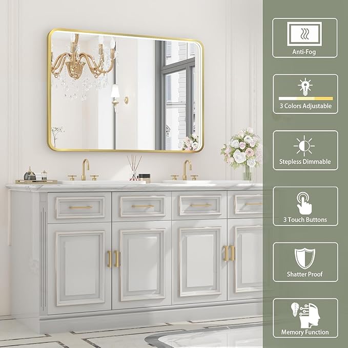 LED Bathroom Mirror with Lights, 48x28 Inch Gold Metal Framed LED Mirror for Bathroom, 3 Colors and Stepless Dimmable Wall Mounted Lighted Bathroom Vanity Mirror, Anti-Fog, Memory