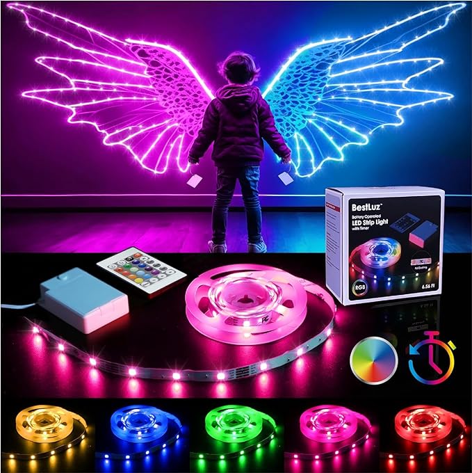 Battery Powered LED Strip Lights with Timer, 6.56 ft RGB DIY Lights with Remote Control for Bedroom, TV, Party, Piano, Cabinet, Decor, Indoor Use