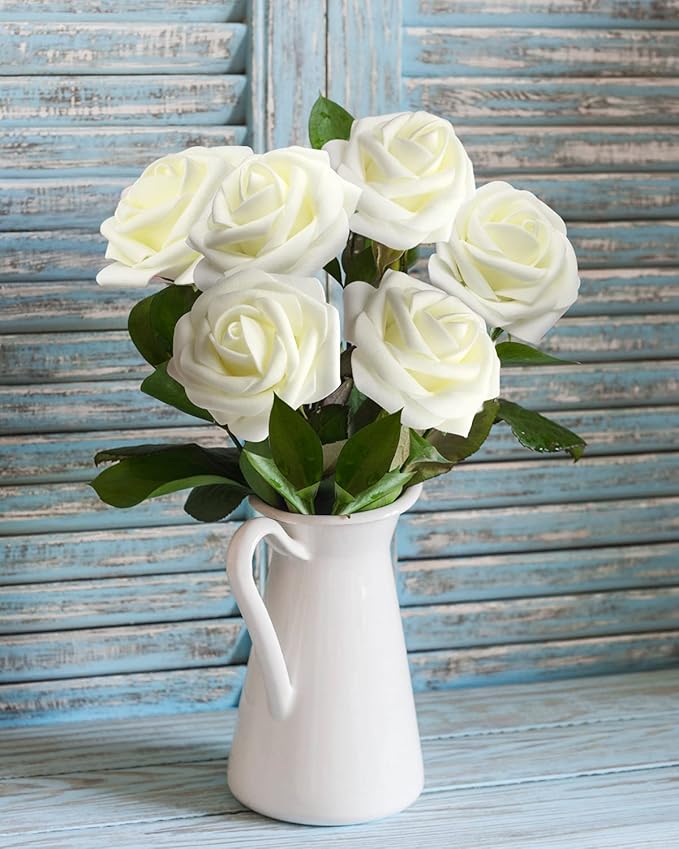 JOYLEX Ivory Artificial Flowers Realistic Roses, 100pcs Milk White Real Looking Fake Roses with Stem for DIY Wedding Bouquets Centerpieces Bridal Shower Party Home Romantic Decorations (Milk White)