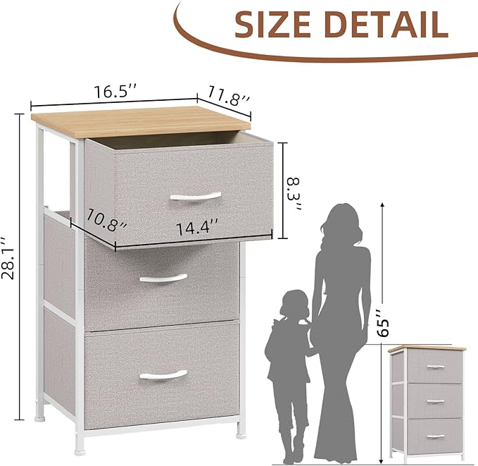Somdot Dresser for Bedroom with 3 Drawers, Storage Organizer Chest of Drawers with Removable Fabric Bins for Closet Bedside Living Room Laundry Entryway Hallway, Ash Grey