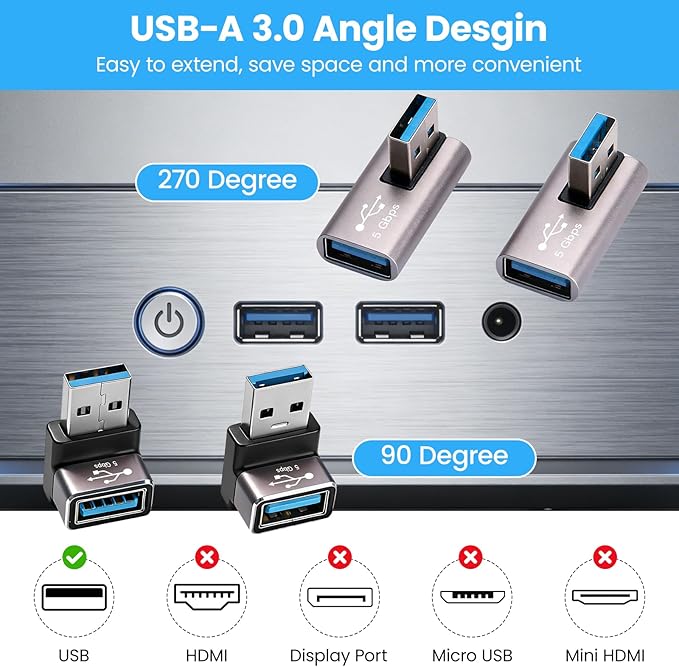 Right Angle USB Adapter 4-Pack OTG 90 Degree USB 3.0 Male to Female Connector (Left & Right, Up & Down), Support Charge and Data Sync (5GBps) for PC, Laptpo, Mouse, Keyboard and More
