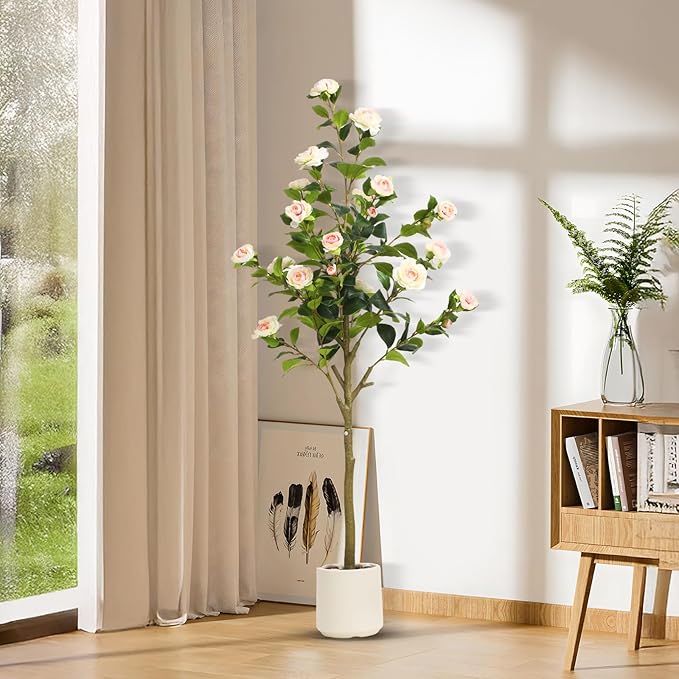 5FT Artificial Camellia Tree with White Planter & Pebbles,Faux Flower Tree with Lifelike Leaves and Realistic Trunk,Tall Fake Potted Plant for Home Decor Indoor Outdoor. (White, 5FT)