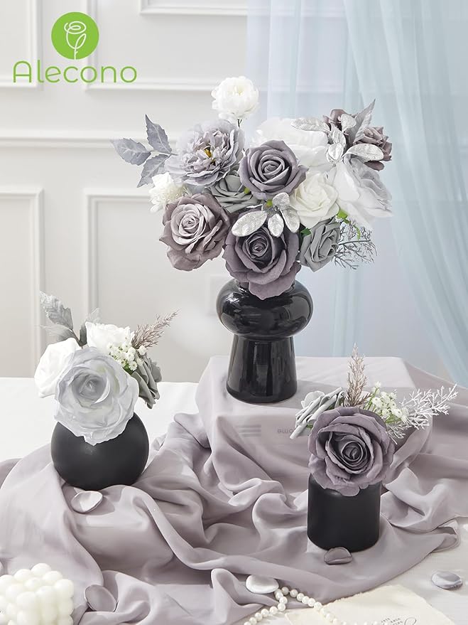 Alecono Artificial Flowers, Silver Silk Fake Flowers for DIY Wedding Cake, Grey Faux Flowers for Table Centerpieces Baby Shower Birthday Party Home Decorations