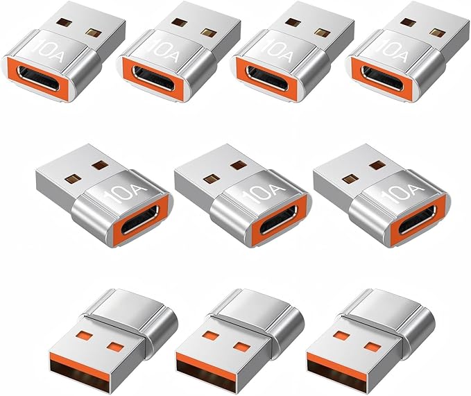 USB to USB C Adapter 10 Pack,10A 200W Fast Charging USB2.0 480Mbps Data Transfer,USB C Female to A Male Charger Converter for Ma-cBook Pad Phone 17/16/15 G-alaxy Smartphone Laptop Tablet Silver