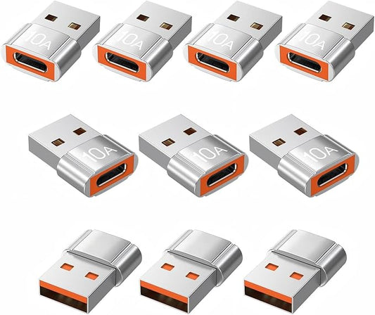 USB to USB C Adapter 10 Pack,10A 200W Fast Charging USB2.0 480Mbps Data Transfer,USB C Female to A Male Charger Converter for Ma-cBook Pad Phone 17/16/15 G-alaxy Smartphone Laptop Tablet Silver