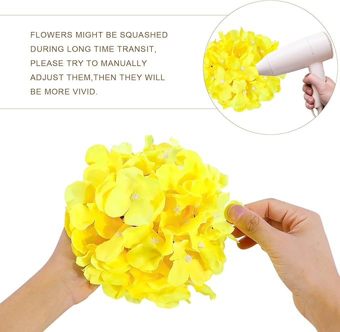 Auihiay 64pcs Hydrangea Artificial Flowers, Yellow Silk Hydrangea Heads with Stems, Hydrangea Flowers for DIY Wedding Centerpiece Baby Shower Home Party Decor (Yellow)