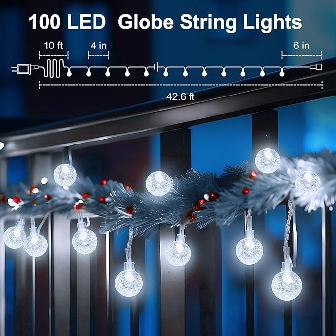 Minetom Crystal Globe String Lights Plug in - 33 ft 100 LED Globe Fairy String Lights with Remote and Timer, Waterproof for Bedroom Tent Loft Bed Window Porch Patio Wedding Party Holiday Decor, White