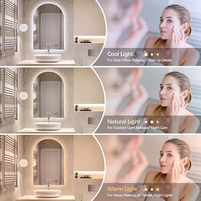 Niccy Arched LED Bathroom Mirror, 48x24 Inch Arch Frameless Backlit Mirrors for Wall Arched Lighted Vanity Mirrors Defogger and 3 Color, Explosion-Proof, HD Glass and IP65 Waterproof