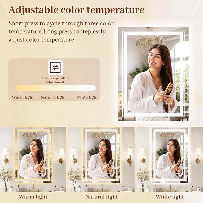 40x30 LED Mirror for Bathroom with Front and Backlit Light Up Digital Mirrors for Wall,Anti Fog,Stepless Dimmable,Tempered Silver Glass Smart Vanity Mirror for Bathroom
