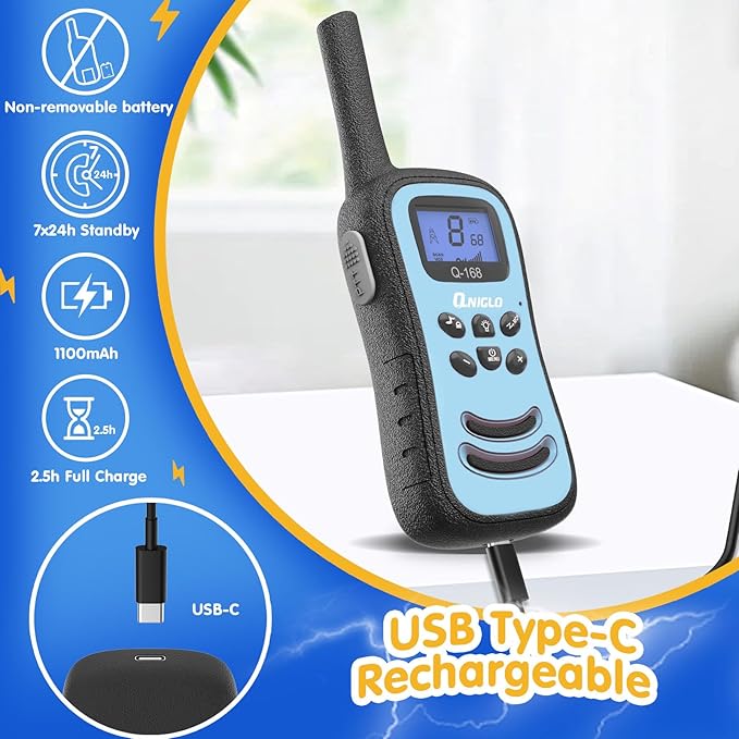 QNIGLO Kids Walkie Talkie, VOX Rechargeable Kids Walkie Talkie, 3KM Working Distance, 48H Standby, 8 Channels, Flashlight Function, Gift for 3-12 Year Old Girls & Boys (2-Pack)