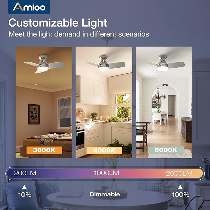 Amico Ceiling Fans with Lights, 30 inch Low Profile Ceiling Fan with Light and Remote Control, Flush Mount, Reversible, 3CCT, Dimmable, Noiseless, Nickel Ceiling Fan for Bedroom, Indoor/Outdoor Use